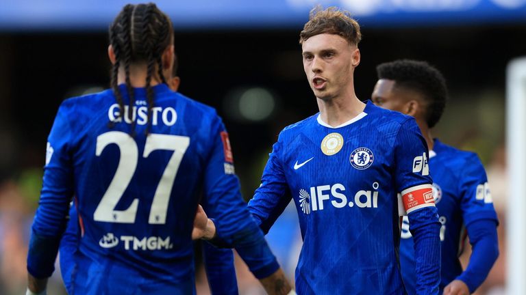Cole Palmer is congratulated by his team-mates after Chelsea take a 3-0 lead against Port Vale via a Jordan Lawrence-Gabriel own goal