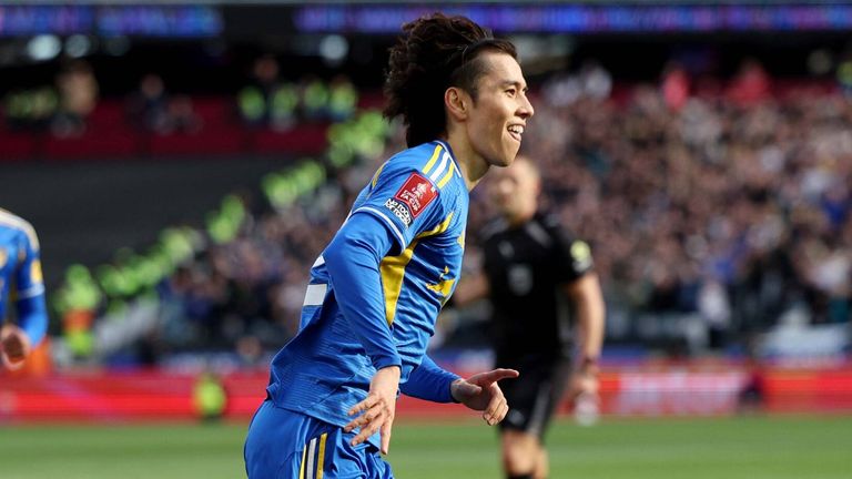 Ao Tanaka celebrates after his deflected shot put Leeds ahead at West Ham
