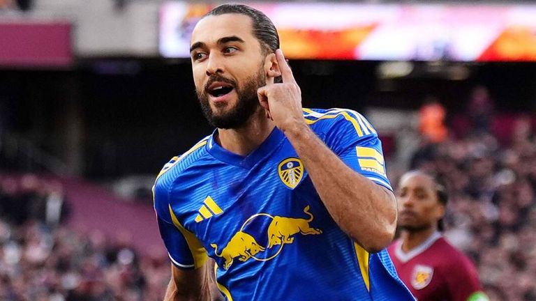 Dominic Calvert-Lewin celebrates after doubling Leeds' advantage at West Ham