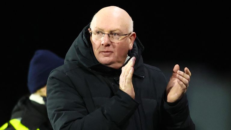 FALKIRK, SCOTLAND - JANUARY 03: Falkirk Manager John McGlynn celebrates his side's 1-0 victory during a William Hill Premiership match between Falkirk and Aberdeen at the Falkirk Stadium, on January 03, 2026, in Falkirk, Scotland. (Photo by Ewan Bootman / SNS Group)