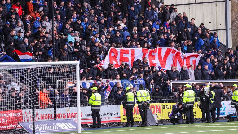 FALKIRK, SCOTLAND - APRIL 12: Rangers fans hold up a sign reading "Keep Believing" at full time during a William Hill Premiership match between Falkirk and Rangers at The Falkirk Stadium, on April 12, 2026, in Falkirk, Scotland. (Photo by Craig Williamson / SNS Group)