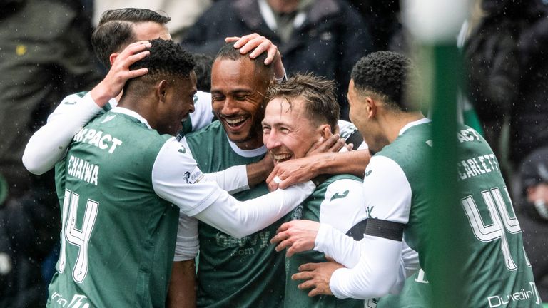Hibernian's Felix Passlack (centre) celebrates scoring to make it 2-0 against Motherwell