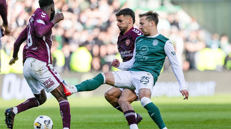 Hibernian's Felix Passlack fouls Hearts' Beni Baningime results in a second yellow and a red card