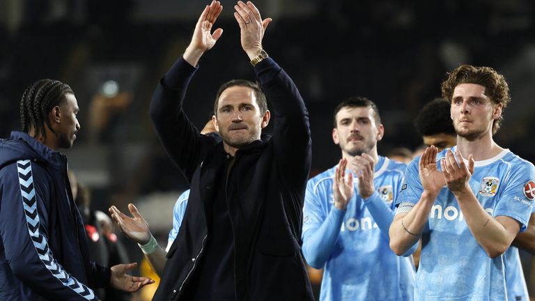 Coventry City head coach Frank Lampard applauds the fans following the Sky Bet Championship match at MKM Stadium, Hull