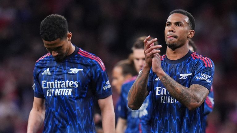Arsenal's Gabriel and his teamamtes greet fans after a Champions League semifinal, first leg, soccer match between Atletico Madrid and Arsenal in Madrid, Spain, Wednesday, April 29, 2026. (AP Photo/Manu Fernandez)