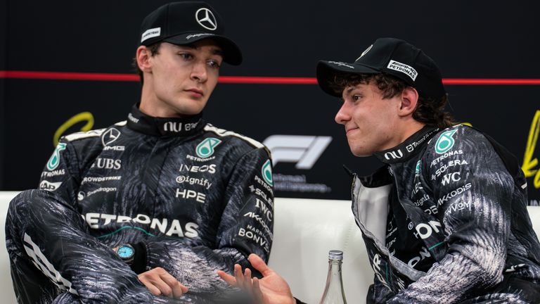 Mercedes-AMG Petronas F1 Team drivers #63 George Russell (GBR) and #12 Andrea Kimi Antonelli (ITA) attend the post-race press conference at the 2026 Formula 1 Japanese Grand Prix, round 3 of the FIA Formula 1 World Championship, at Suzuka Circuit in Suzuka, Japan, on March 28, 2026. (Photo by Wan Mikhail Roslan/NurPhoto)