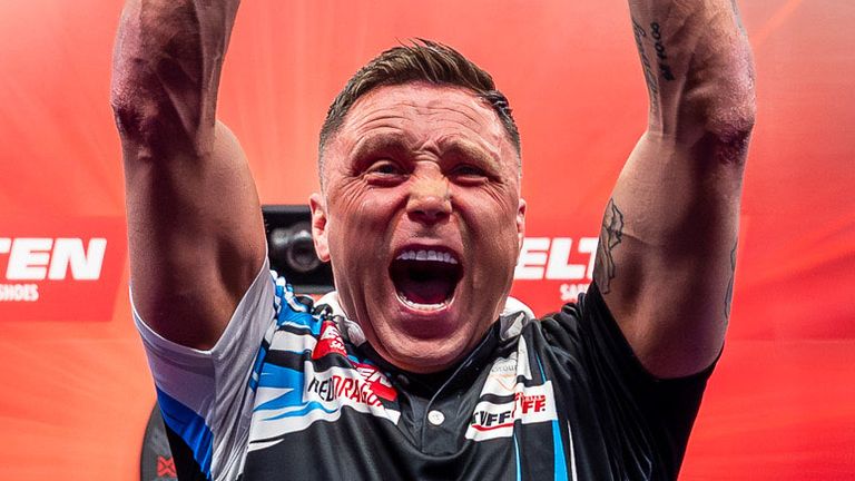 Gerwyn Price celebrates his win at the European Darts Grand Prix
