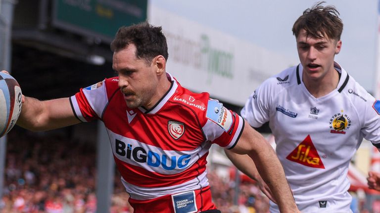 Tomos Williams evades a tackle to score a try for Gloucester during their Gallagher Prem win over Exeter Chiefs