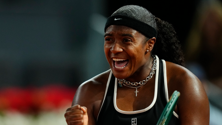 Hailey Baptiste celebrates her quarter-final victory over world No 1 Aryna Sabalenka at the Madrid Open