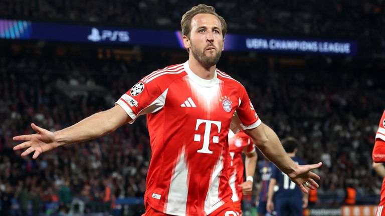 Harry Kane celebrates scoring against PSG in the Champions League semi-final first leg on April 28