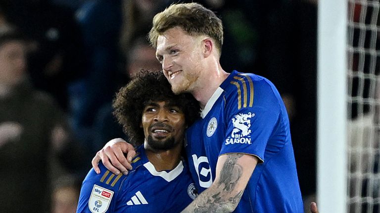 LEICESTER, ENGLAND - APRIL 24: Harry Souttar of Leicester City celebrates scoring his team's first goal with teammate Hamza Choudhury during