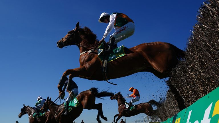 Havaila ridden by jockey Caoilin Quinn comes over a fence on the way to winning the bet365 Gold Cup Handicap Chase at Sandown Park 