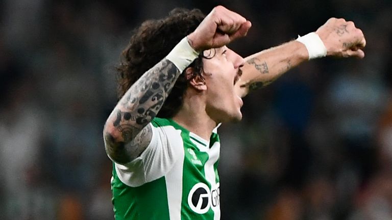 Real BetisdefenderHector Bellerin celebrates scoring his team's first goal against Real Madrid