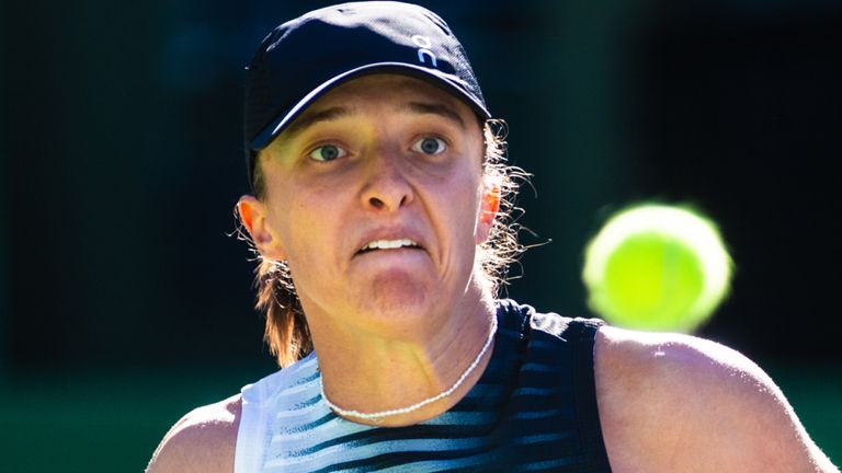 March 7, 2026: Iga Swiatek (POL) in action against Kayla Day (USA) during their round 2 match at the BNP Paribas Open on March 7, 2026, held at the Indian Wells Tennis Garden in Indian Wells, California. (Credit Image: .. Mal Taam/Cal Sport Media) (Cal Sport Media via AP Images)