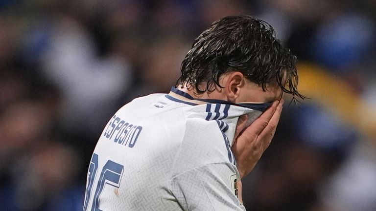 Pio Esposito reacts after missing a penalty kick during a World Cup qualifying playoff final soccer match between Bosnia and Italy