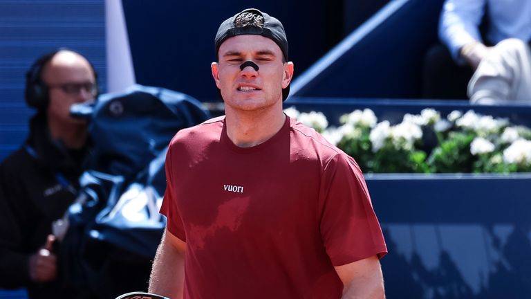 Jack Draper of Great Britain in action against Tomas Martin Etcheverry of Argentina during the First round tennis match of the Barcelona Ope