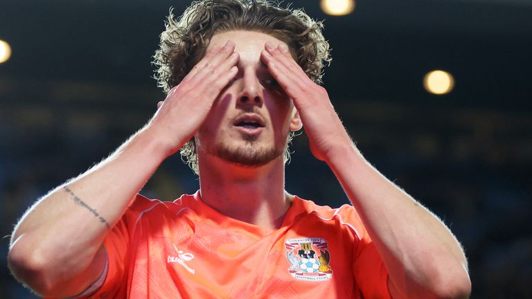 Coventry's Jack Rudoni saw his header come off the inside of the post as his side searched for an equaliser at Blackburn