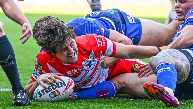 Jake Davies of St Helens scoring a try