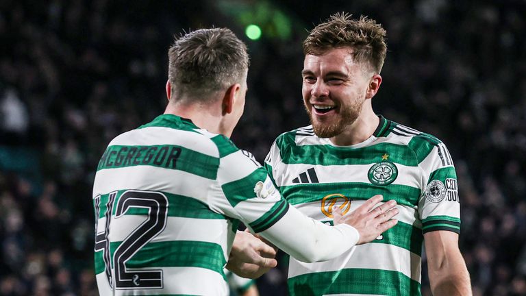 GLASGOW, SCOTLAND - DECEMBER 21: Celtic's James Forrest celebrates with Callum McGregor as he scores to make it 3-1 during a William Hill Premiership match between Celtic and Aberdeen at Celtic Park, on December 21, 2025, in Glasgow, Scotland. (Photo by Craig Williamson / SNS Group)