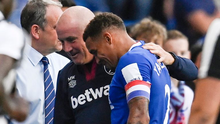 GLASGOW, SCOTLAND - JULY 19: Rangers' James Tavernier (R) and West Ham coach Mark Warburton at full time during a pre-season friendly between Rangers and West Ham United at Ibrox Stadium, on July 19, 2022, in Glasgow, Scotland. (Photo by Rob Casey / SNS Group)