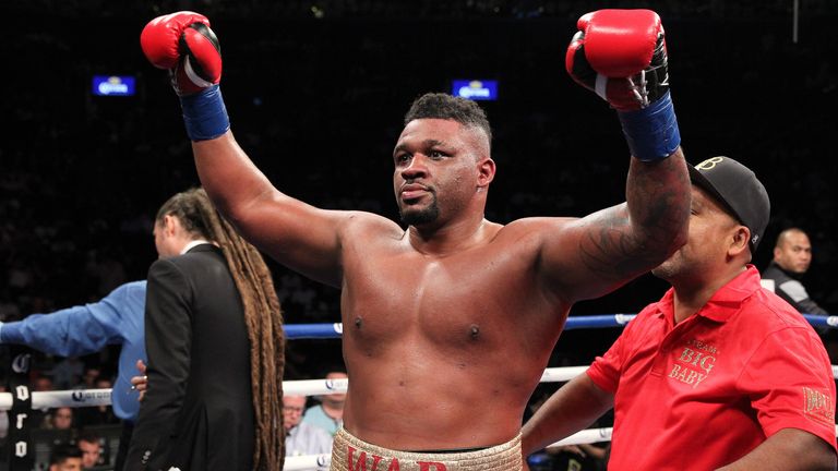 Jarrell Miller (Red/Gold) defeated Gerald Washington (Red/White) by tko on July 29, 2017, at the Barclays Center in Brooklyn, NY. (Photo by 