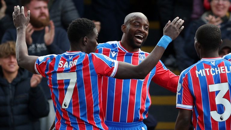 Mateta celebrates after scoring for Crystal Palace