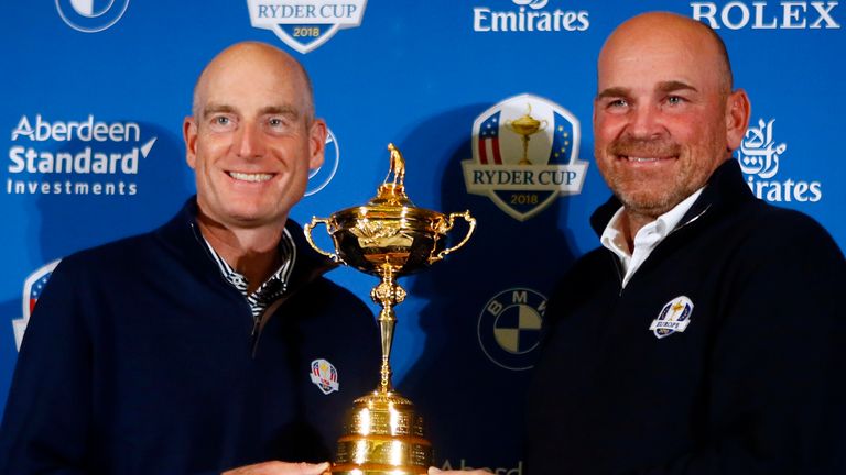 Jim Furyk (left) captained Team USA at the 2018 Ryder Cup, but was beaten by Team Europe and their captain Thomas Bjørn (right)