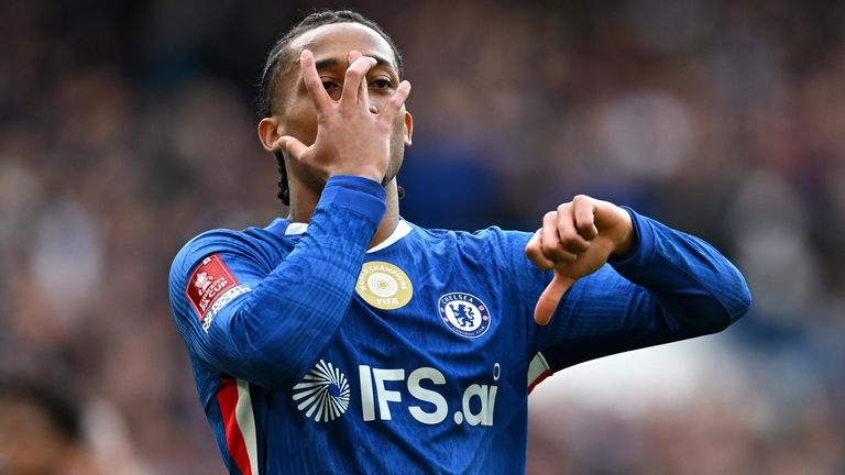 Joao Pedro celebrates after doubling Chelsea's lead against Port Vale