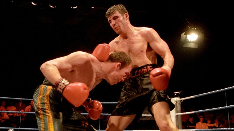 Newbridge's Joe Calzaghe towers abover his opponent Mark Delaney of West Ham during their British Supermiddleweight title fight at Bretwood tonight (Saturday). Calzaghe eventually downed Delaney in the fifth round to retain the title after a tight fight.  