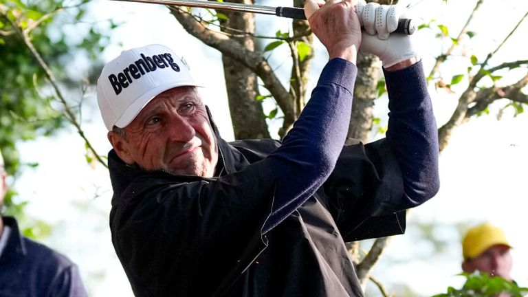 Jose Maria Olazabal, of Spain, hits from the pine straw on the second hole during the first round of the Masters golf tournament