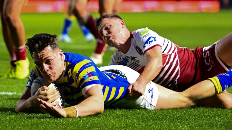  Josh Thewlis of Warrington scoring a try