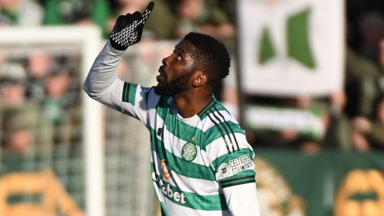 Kelechi Iheanacho celebrates after giving Celtic a 2-1 lead at Dundee