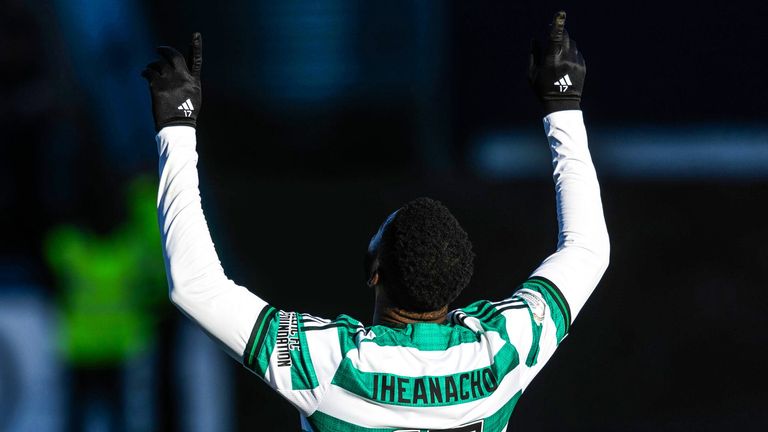 DUNDEE, SCOTLAND - APRIL 05: Celtic's Kelechi Iheanacho celebrates after scoring to make it 2-1 during a William Hill Premiership match between Dundee and Celtic at Dens Park, on April 05, in Dundee, Scotland.  (Photo by Craig Foy / SNS Group)