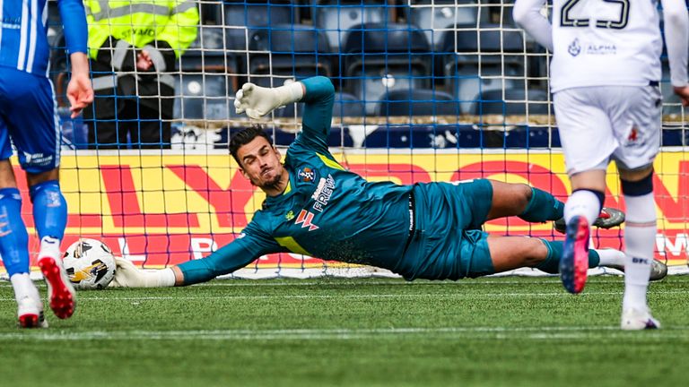 Kilmarnock's Kelle Roos save a penalty from Dundee's Joe Westley late in the game as the sides drew 2-2