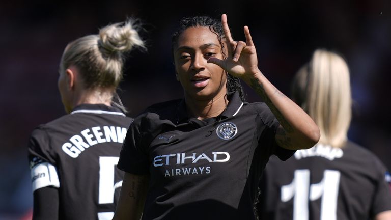 Manchester City's Kerolin celebrates scoring her team's first goal