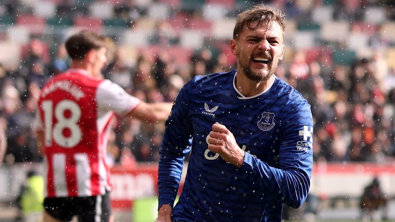 Kiernan Dewsbury-Hall celebrates scoring an injury-time equaliser for Everton