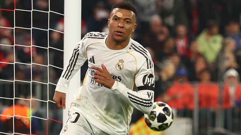 Kylian Mbappe celebrates after scoring for Real Madrid against Bayern in Munich