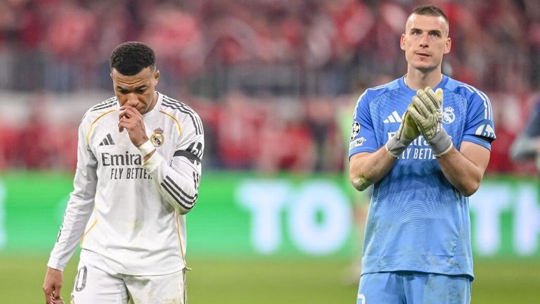 Kylian Mbappe and Andriy Lunin after Real Madrid's Champions League exit to Bayern Munich