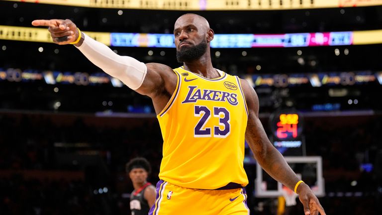 LeBron James after scoring during Game 1 of a first-round NBA playoffs basketball series against Houston Rockets (AP Photo/Mark J. Terrill)