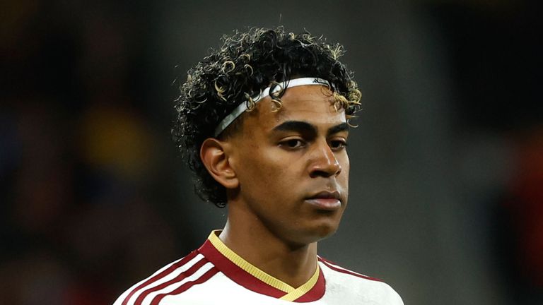 Spain's Lamine Yamal reacts during the international friendly soccer match between Spain and Egypt 