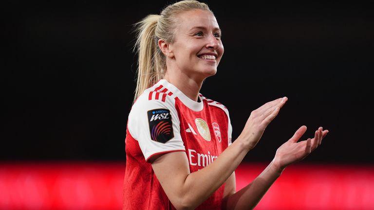 Leah Williamson applauds the fans after Arsenal's 7-0 win over Leicester