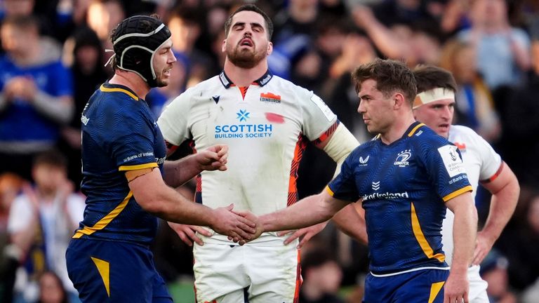 Caelan Doris (left) and Luke McGrath celebrate Leinster's victory over Edinburgh