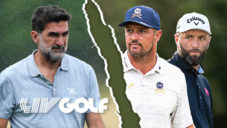 LIV Golf graphic featuring Yasir Al-Rumayyan, Bryson DeChambeau and Jon Rahm