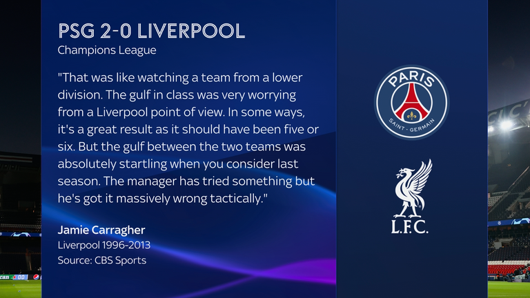 Jamie Carragher said Liverpool looked like a "lower division" team against PSG