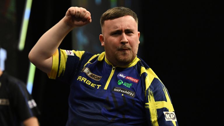 Luke Littler hits a 170 finish to beat Michael van Gerwen in the Final of night 8 of the BetMGM Premier League in the Uber Arena, Berlin. P