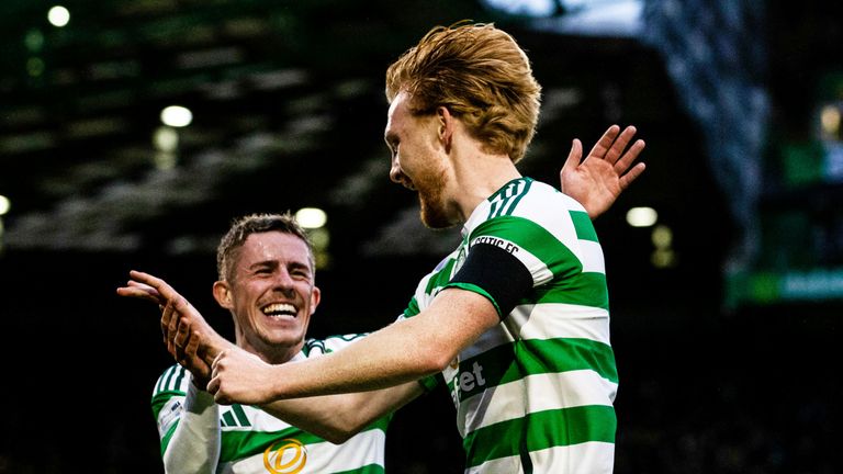 GLASGOW, SCOTLAND - NOVEMBER 30: Celtic's Liam Scales celebrates after scoring to make it 1-0 during a William Hill Premiership match between Celtic and Ross County at Celtic Park, on November 30, 2024, in Glasgow, Scotland. (Photo by Craig Williamson / SNS Group)