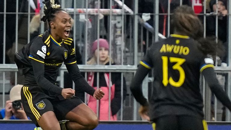 Manchester United's Melvine Malard celebrates scoring against Bayern Munich (AP Photo/Matthias Schrader)