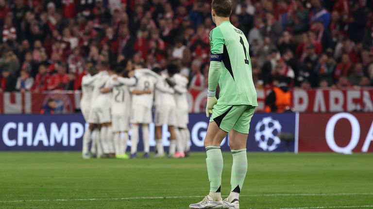 Manuel Neuer looks on after Arda Guler scores in the first minute for Real Madrid following the Bayern Munich goalkeeper's error