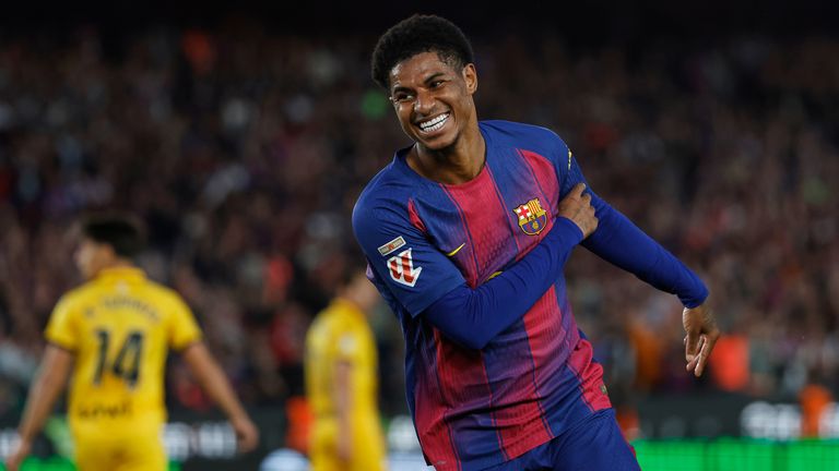 Barcelona's Marcus Rashford celebrates after scoring his side's fourth goal during the Spanish La Liga soccer match between Barcelona and Espanyol in Barcelona, Spain, Saturday, April 11, 2026. (AP Photo/Joan Monfort)