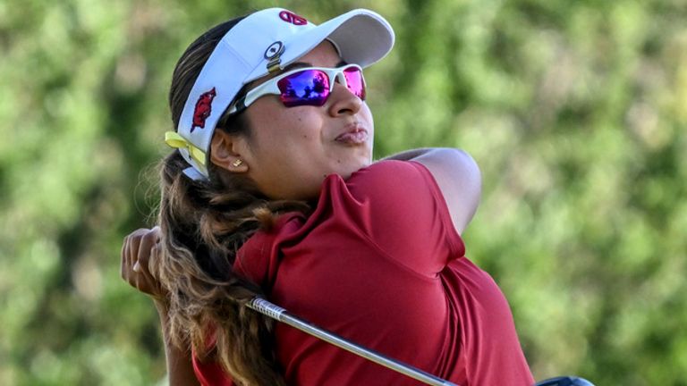 Maria Jose Marin, of Colombia, tees off on the first hole during the final round of the LPGA Walmart NW Arkansas Championship golf tournamen